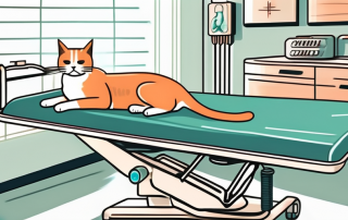 A cat lying on a veterinary operating table with medical tools nearby