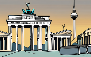 A dog leash and collar set against the backdrop of iconic berlin landmarks