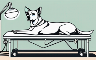 A dog lying peacefully on a vet examination table with medical equipment suggestive of anesthesia nearby