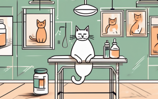 A cat sitting on a vet's examination table with a vaccine syringe nearby