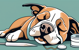 A dog peacefully sleeping with a bandage around its mouth