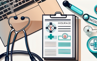 Various insurance policy documents with medical symbols like a stethoscope