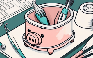 A dental insurance card next to a piggy bank on a dentist's table