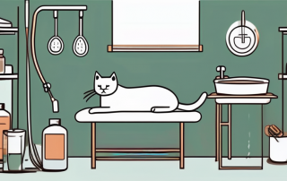 A veterinarian clinic setting with various medical tools and a cat sitting on the examination table