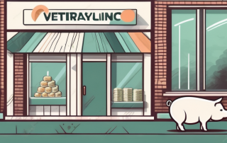 A veterinary clinic with a sign of a pet (like a dog or a cat) and a stylized image of coins or a piggy bank