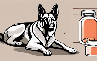 A german shepherd dog sitting next to a small