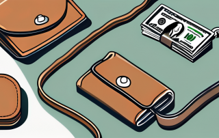 A wallet with coins and bills next to a leash and a dog collar