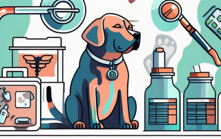 A worried-looking pet surrounded by various veterinary items like a stethoscope