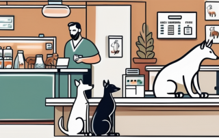A veterinary clinic with various animals waiting in line