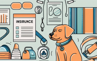 A dog surrounded by various pet-related items such as a leash