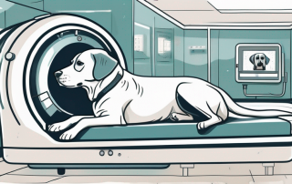 A dog lying down calmly inside an open mri machine in a veterinary clinic setting