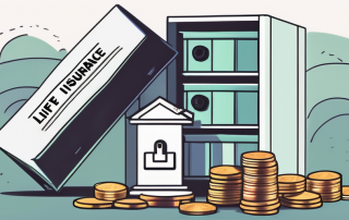 A life insurance policy document next to a pile of coins and a safety box