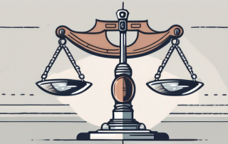 A balance scale where on one side there is a government building symbolizing public service and on the other side