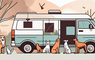 A mobile veterinary clinic van parked in a natural setting with various animals like dogs