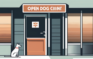 A worried pet (a dog or a cat) sitting by a veterinary clinic's door with a lit "open" sign
