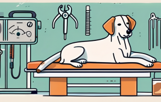 A dog lying on a vet's operating table with various medical tools nearby