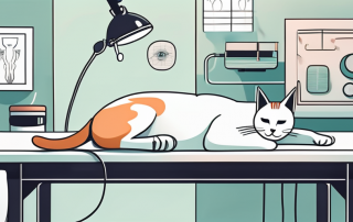 A cat lying on a veterinary examination table with medical equipment nearby