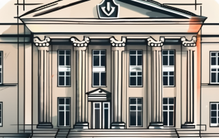 A classic german bank building with a protective shield symbol hovering above it