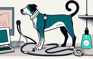 A worried-looking dog with a bandage and a stethoscope