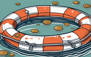 A lifebuoy in the middle of a sea with scattered coins around it