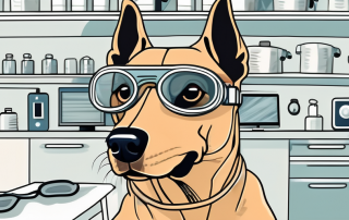 A dog wearing protective eyewear