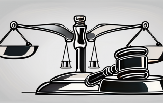 A balance scale with a shield on one side and a gavel on the other