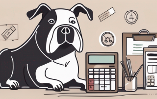 A dog sitting next to a variety of insurance-related items like a policy document