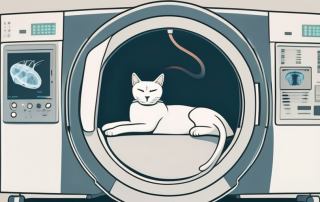 A cat lying down peacefully with a ct scanner hovering above its head