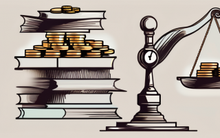 A balanced scale with legal documents on one side and a pile of coins on the other side