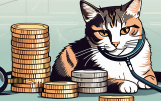A domestic cat sitting beside a series of stacked coins and a stethoscope