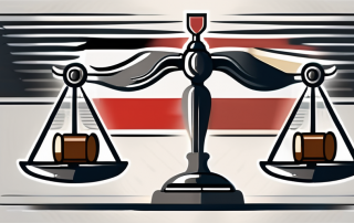 A balanced scale with a gavel on one side and a shield with the german flag on the other