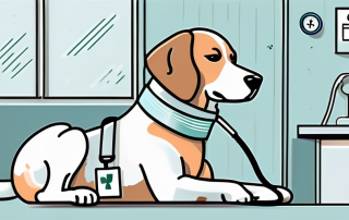 A dog wearing a bandage and a stethoscope around its neck
