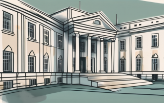 A government building with a protective shield symbolizing the vermögensschadenhaftpflichtversicherung (financial loss liability insurance) in the public sector