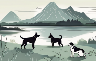 Several different breeds of dogs playing in a picturesque landscape that represents niedersachsen