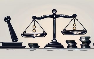 A balanced scale with a gavel on one side and a stack of coins on the other