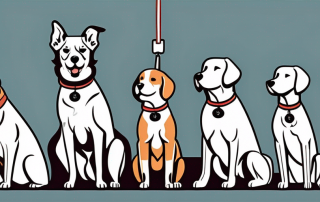 Several different breeds of dogs standing in a line