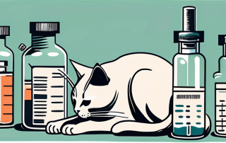 A cat sitting next to a variety of vaccination vials and syringes