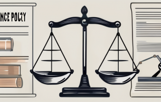 A balance scale with insurance policy documents on one side and a gavel on the other