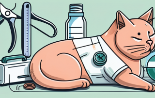 A cat lying on a vet's table with medical tools nearby