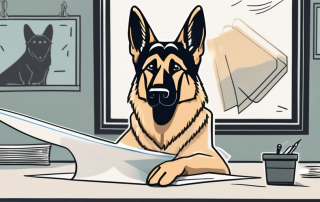 A german shepherd dog looking curiously at an insurance policy envelope on a table