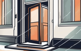 An open door leading to a building shaped like an insurance policy