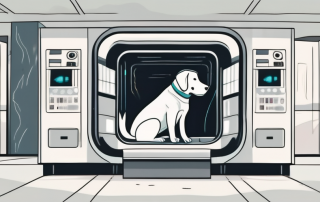 A dog calmly sitting inside an open mri machine