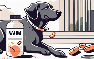 A dog happily playing in a park with a worm pill or medicine bottle in the foreground to indicate the subject of worm treatment costs