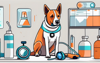 A dog with a bandage and a stethoscope