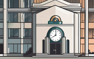 A corporate building with a safety shield symbol to represent insurance