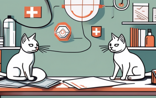 Two cats looking at a variety of insurance policy documents and brochures spread out on a table