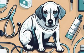 A dog with a bandage and a stethoscope