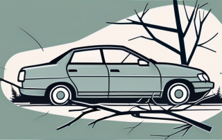 A car with a cracked windshield and a fallen tree branch nearby