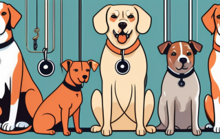 Several dogs of different breeds with price tags hanging from their collars