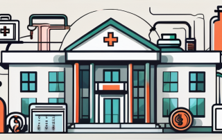A hospital building with a large money symbol above it